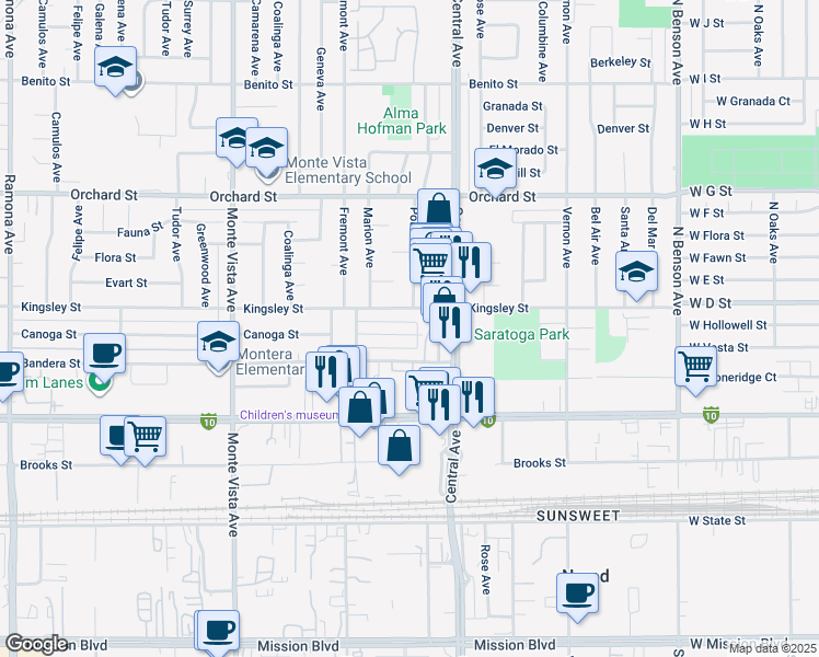 map of restaurants, bars, coffee shops, grocery stores, and more near 5205 Kingsley Street in Montclair