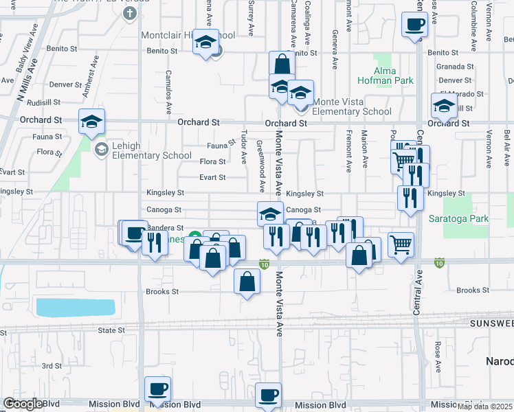 map of restaurants, bars, coffee shops, grocery stores, and more near 4867 Kingsley Street in Montclair