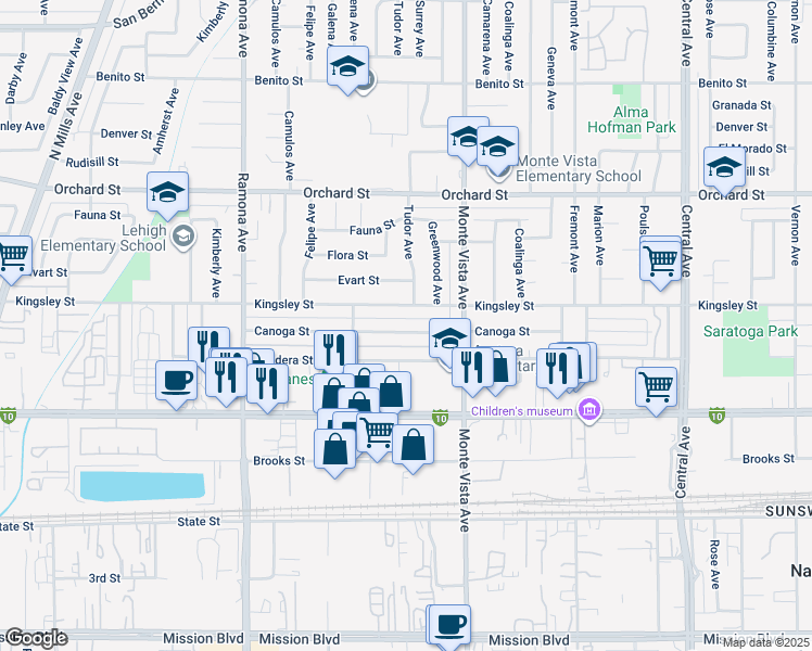map of restaurants, bars, coffee shops, grocery stores, and more near 4793 Kingsley Street in Montclair