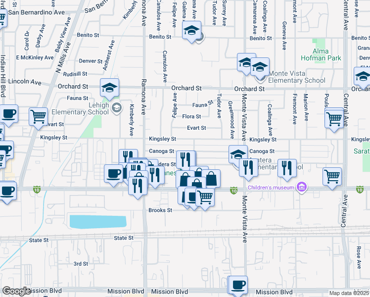 map of restaurants, bars, coffee shops, grocery stores, and more near 4661 Kingsley Street in Montclair