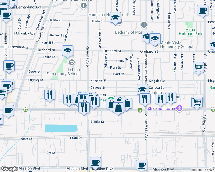 map of restaurants, bars, coffee shops, grocery stores, and more near 4661 Kingsley Street in Montclair