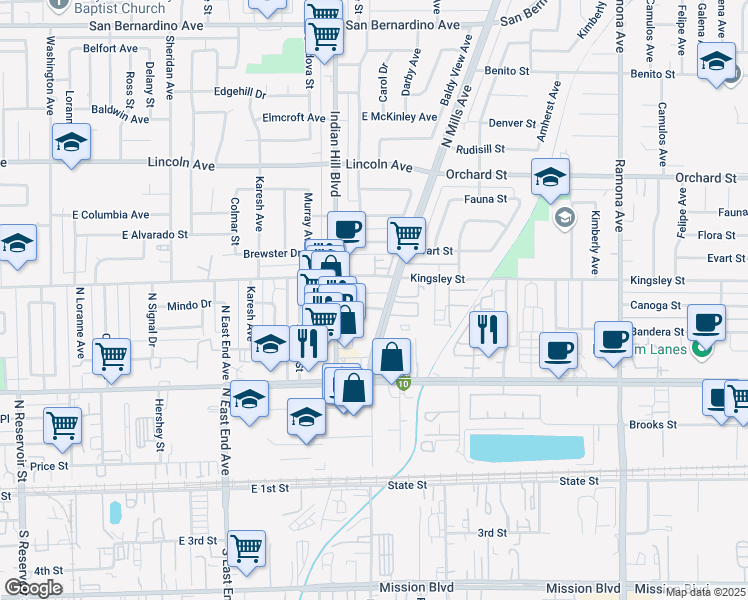map of restaurants, bars, coffee shops, grocery stores, and more near 1688 East Kingsley Avenue in Pomona