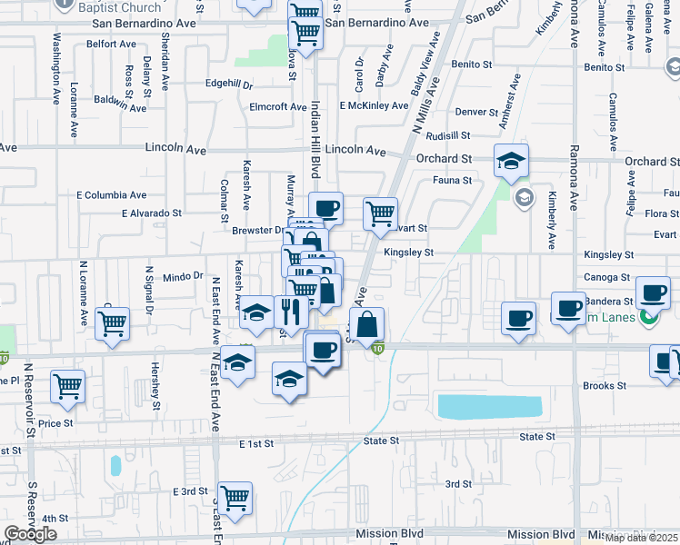 map of restaurants, bars, coffee shops, grocery stores, and more near 1626 East Kingsley Avenue in Pomona