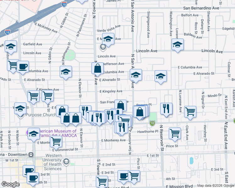 map of restaurants, bars, coffee shops, grocery stores, and more near 676 East Kingsley Avenue in Pomona
