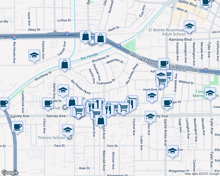 map of restaurants, bars, coffee shops, grocery stores, and more near 10038 Towneway Drive in El Monte