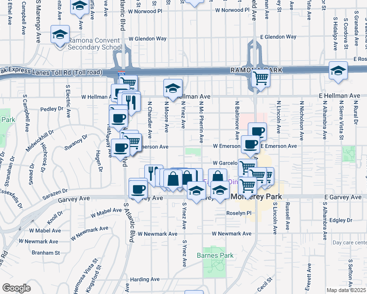 map of restaurants, bars, coffee shops, grocery stores, and more near 407 North Ynez Avenue in Monterey Park
