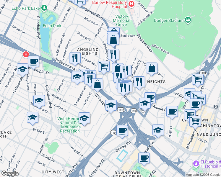 map of restaurants, bars, coffee shops, grocery stores, and more near 1175 Bellevue Avenue in Los Angeles