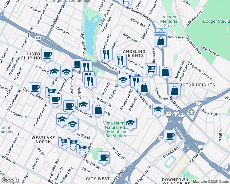map of restaurants, bars, coffee shops, grocery stores, and more near 1359 Cortez Street in Los Angeles