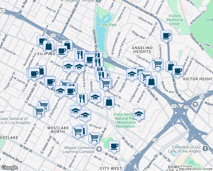 map of restaurants, bars, coffee shops, grocery stores, and more near 329 Laveta Terrace in Los Angeles