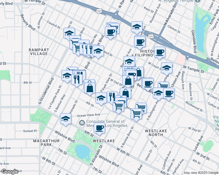 map of restaurants, bars, coffee shops, grocery stores, and more near 217 Crandall Street in Los Angeles