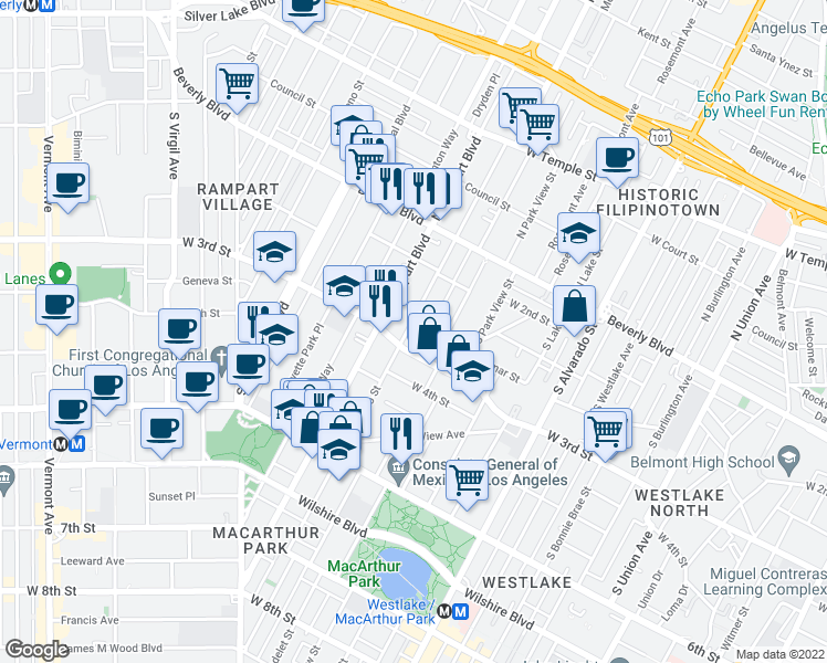map of restaurants, bars, coffee shops, grocery stores, and more near 269 South Coronado Street in Los Angeles
