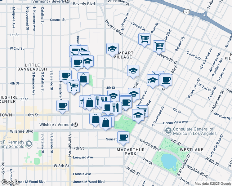 map of restaurants, bars, coffee shops, grocery stores, and more near 3028 West 4th Street in Los Angeles