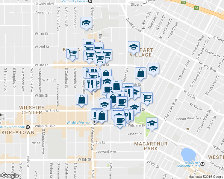 map of restaurants, bars, coffee shops, grocery stores, and more near 400 South Westmoreland Avenue in Los Angeles