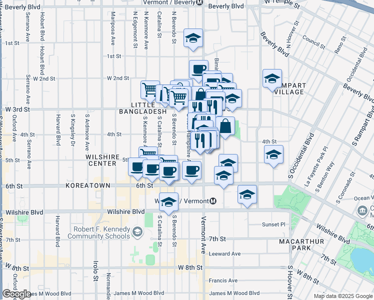 map of restaurants, bars, coffee shops, grocery stores, and more near 433 South New Hampshire Avenue in Los Angeles