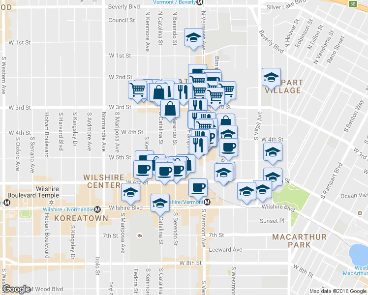 map of restaurants, bars, coffee shops, grocery stores, and more near 433 South New Hampshire Avenue in Los Angeles