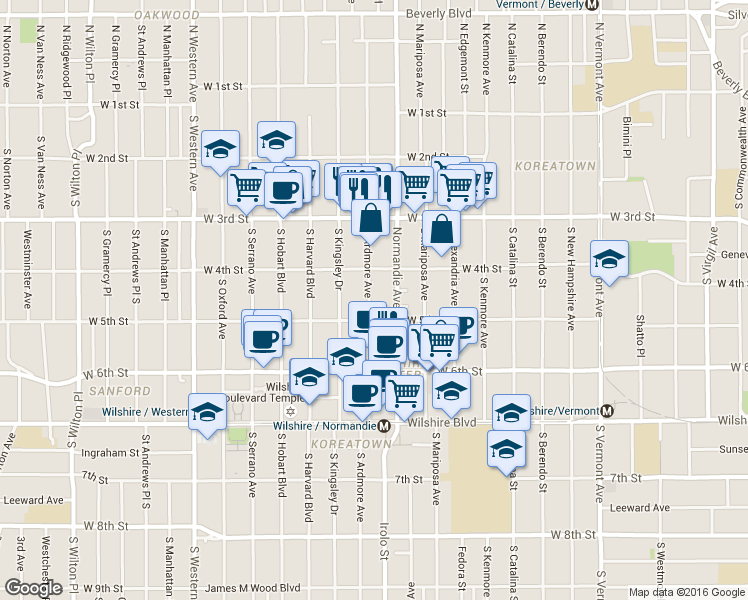 map of restaurants, bars, coffee shops, grocery stores, and more near 401 South Ardmore Avenue in Los Angeles