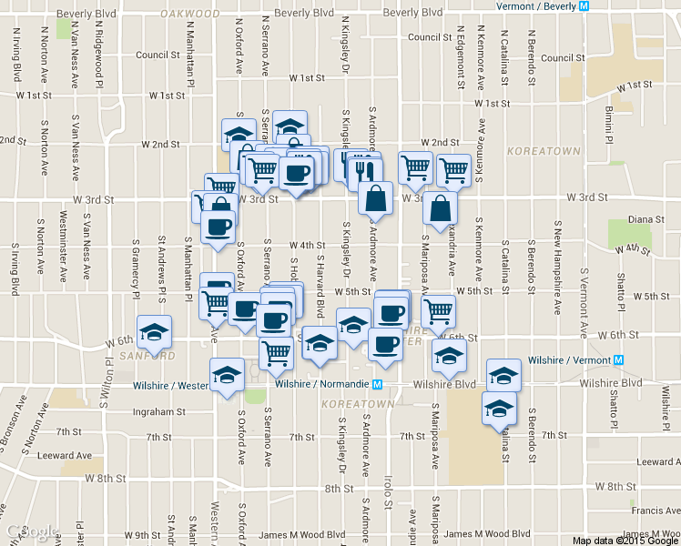 map of restaurants, bars, coffee shops, grocery stores, and more near 420 South Harvard Boulevard in Los Angeles