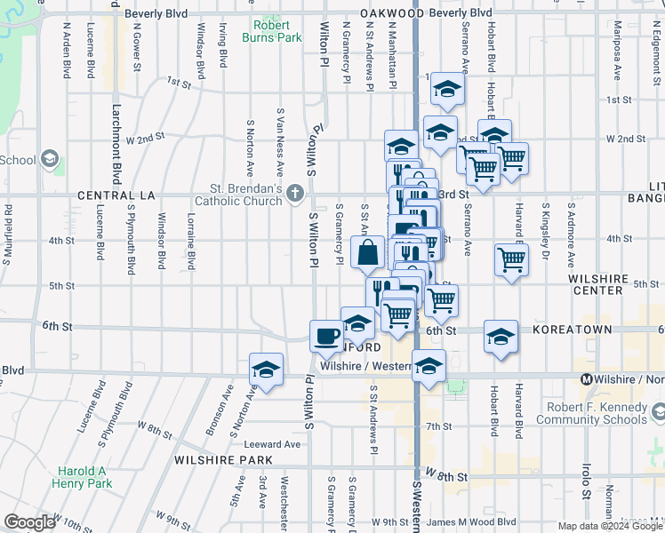 map of restaurants, bars, coffee shops, grocery stores, and more near 420 South Gramercy Place in Los Angeles