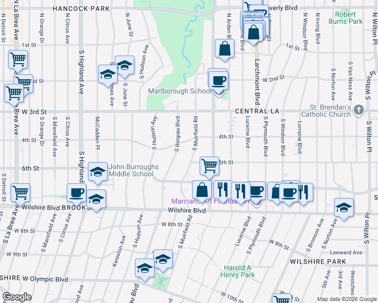 map of restaurants, bars, coffee shops, grocery stores, and more near 401 South Muirfield Road in Los Angeles