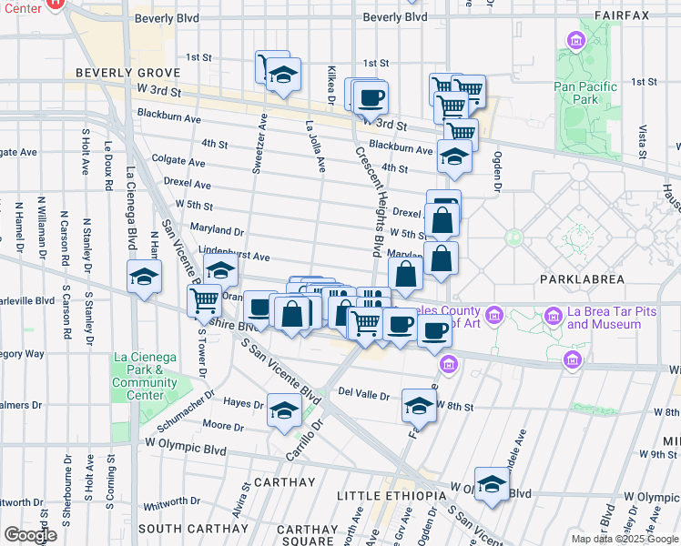 map of restaurants, bars, coffee shops, grocery stores, and more near 6347 Lindenhurst Avenue in Los Angeles