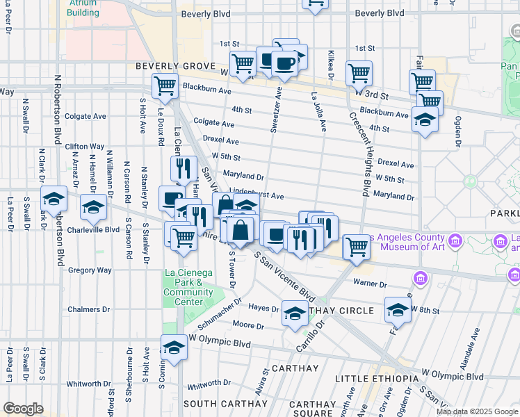 map of restaurants, bars, coffee shops, grocery stores, and more near in Los Angeles