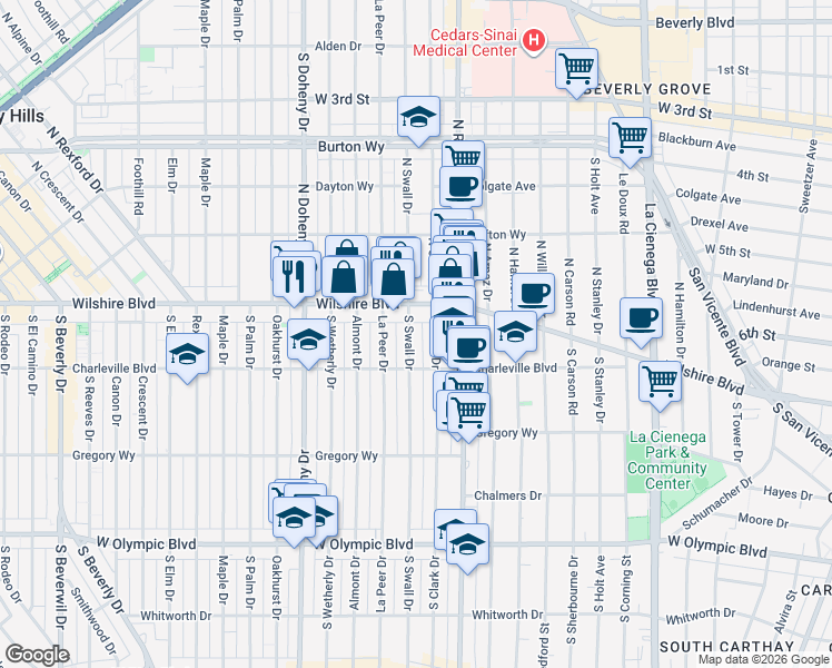 map of restaurants, bars, coffee shops, grocery stores, and more near in Beverly Hills