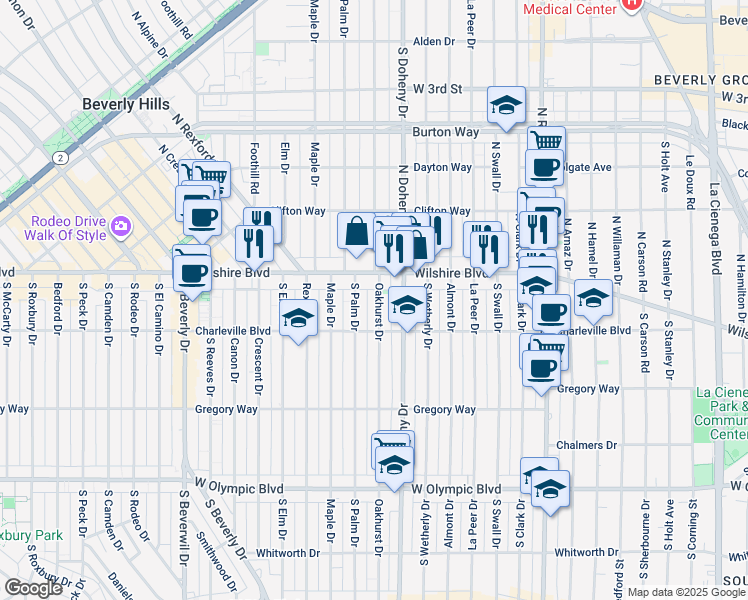 map of restaurants, bars, coffee shops, grocery stores, and more near 64 South Oakhurst Drive in Beverly Hills