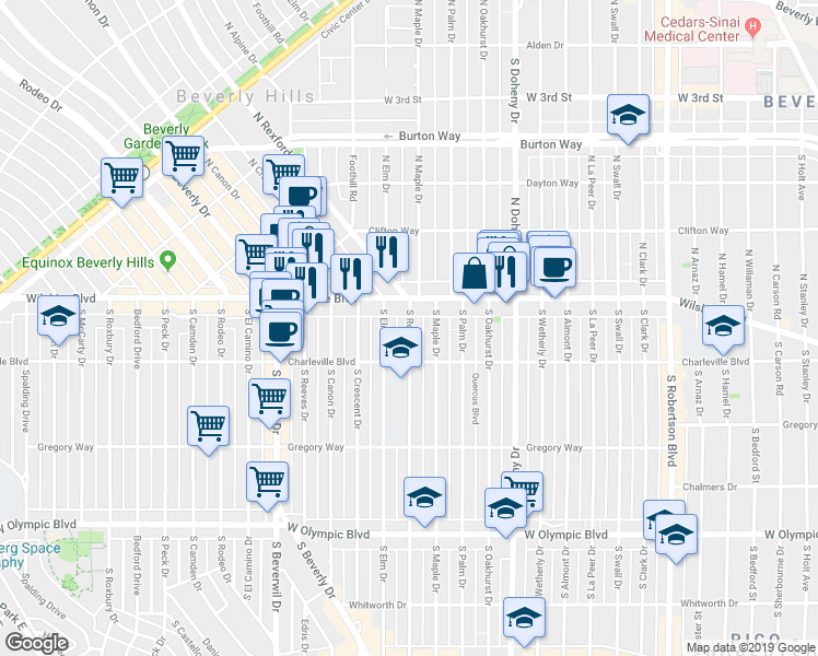 map of restaurants, bars, coffee shops, grocery stores, and more near 129 South Oakhurst Drive in Beverly Hills