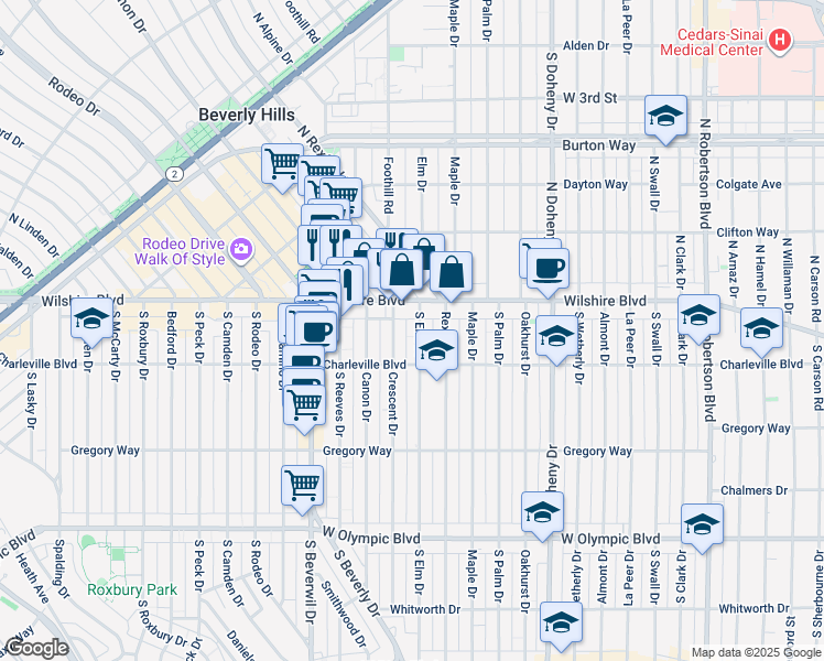 map of restaurants, bars, coffee shops, grocery stores, and more near in Beverly Hills