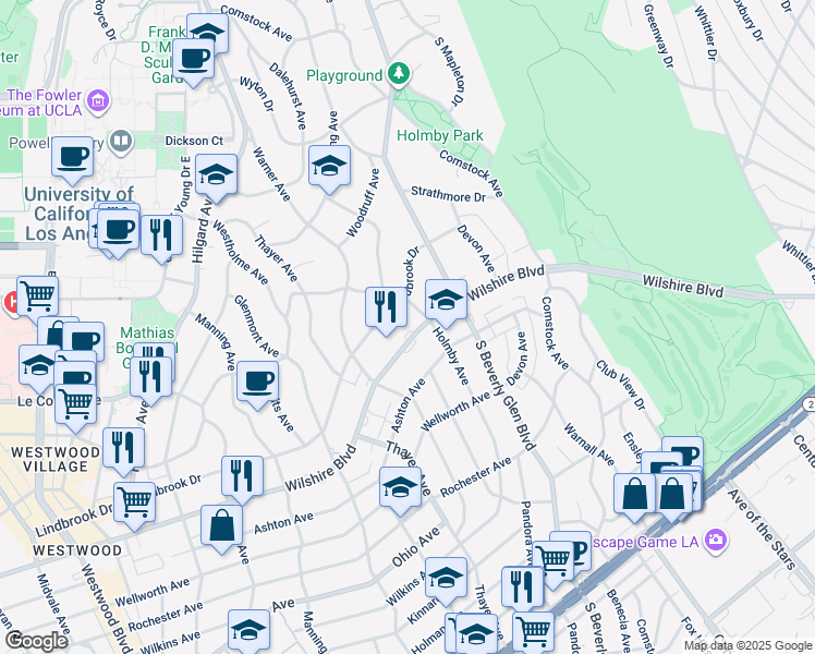 map of restaurants, bars, coffee shops, grocery stores, and more near 10433 Wilshire Boulevard in Los Angeles