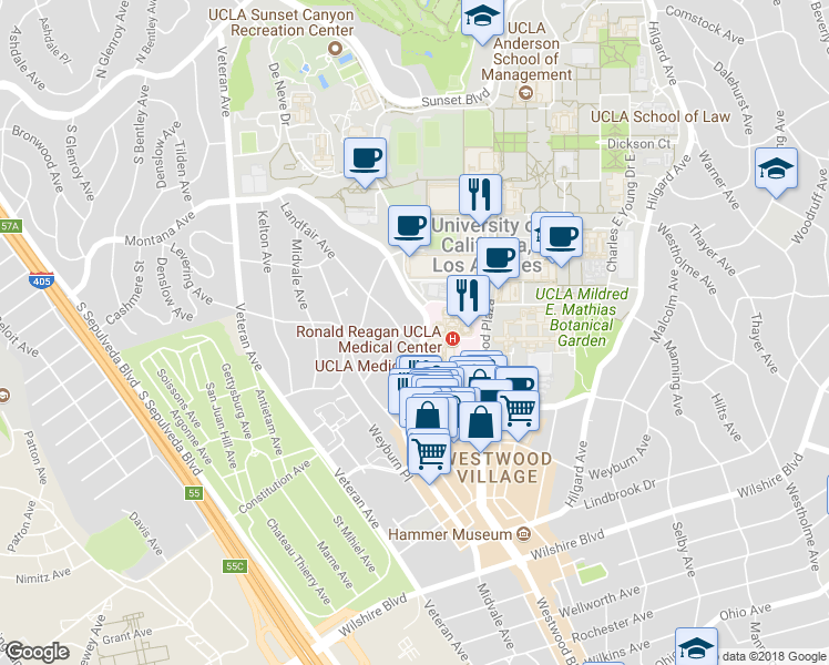 map of restaurants, bars, coffee shops, grocery stores, and more near 663 Gayley Avenue in Los Angeles