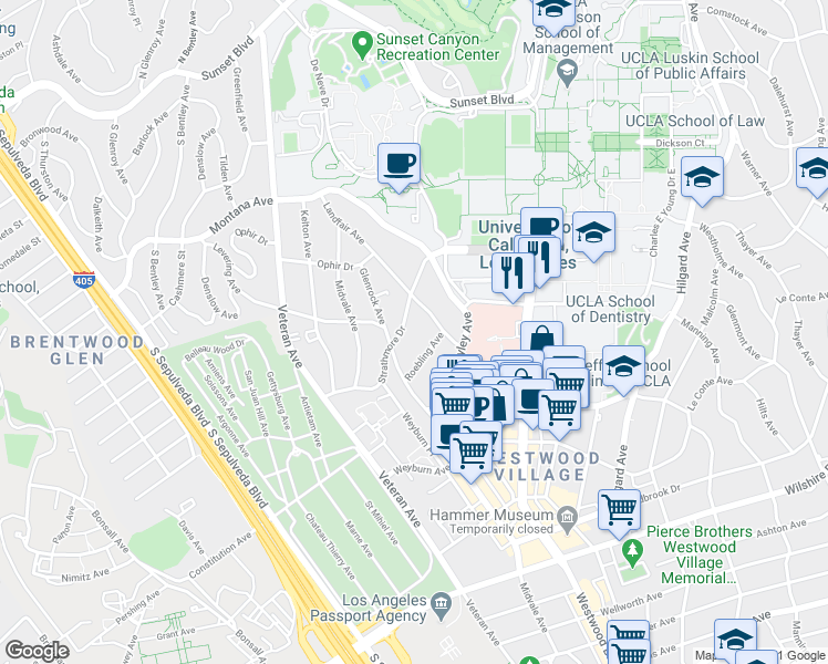map of restaurants, bars, coffee shops, grocery stores, and more near 625 Landfair Avenue in Los Angeles