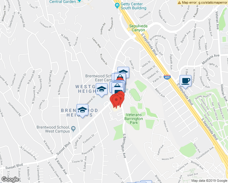 map of restaurants, bars, coffee shops, grocery stores, and more near 105 South Barrington Place in Los Angeles