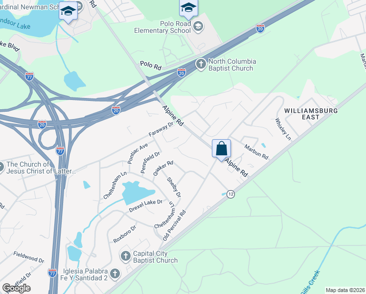 map of restaurants, bars, coffee shops, grocery stores, and more near 124 Cedar Glen Lane in Columbia