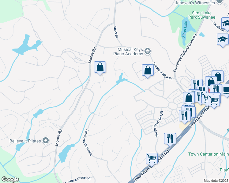 map of restaurants, bars, coffee shops, grocery stores, and more near 655 Amberton Close in Suwanee