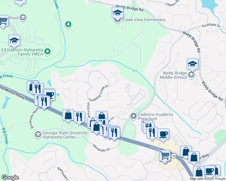 map of restaurants, bars, coffee shops, grocery stores, and more near 395 Tumbling Creek Drive in Alpharetta