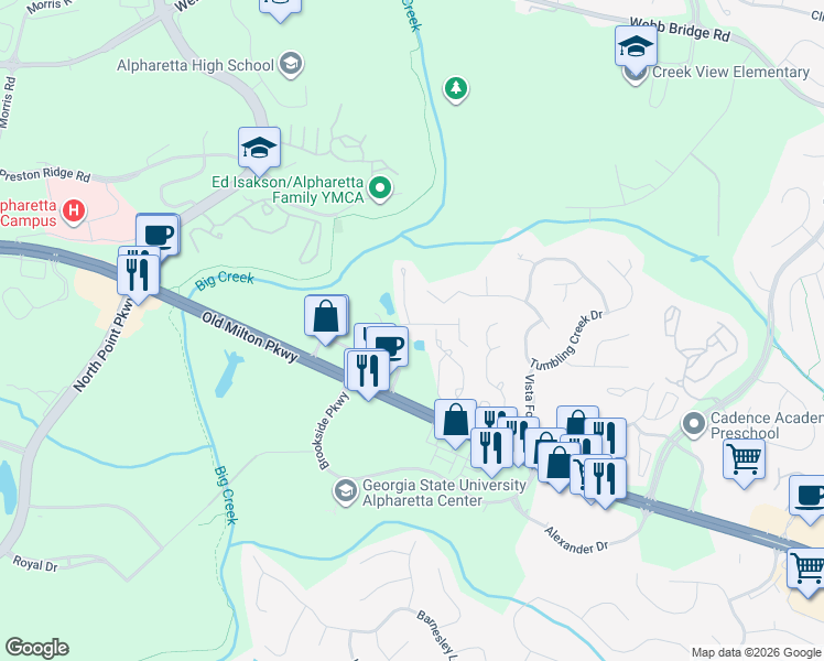 map of restaurants, bars, coffee shops, grocery stores, and more near 2000 Whitestone Place in Alpharetta
