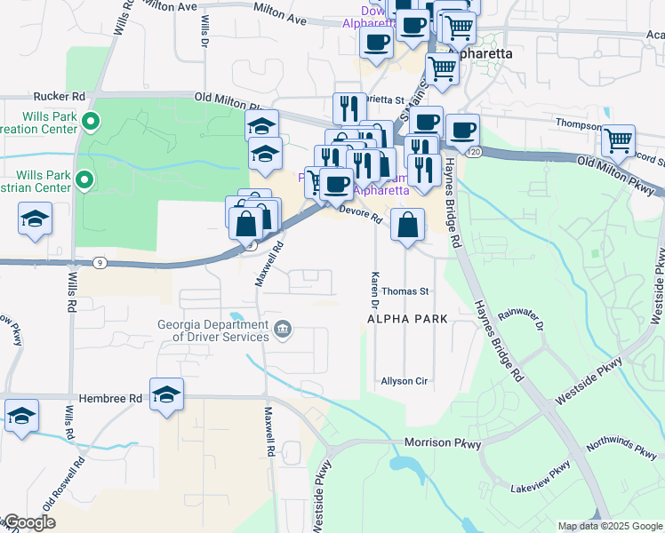 map of restaurants, bars, coffee shops, grocery stores, and more near 1575 Kilmington Court in Alpharetta
