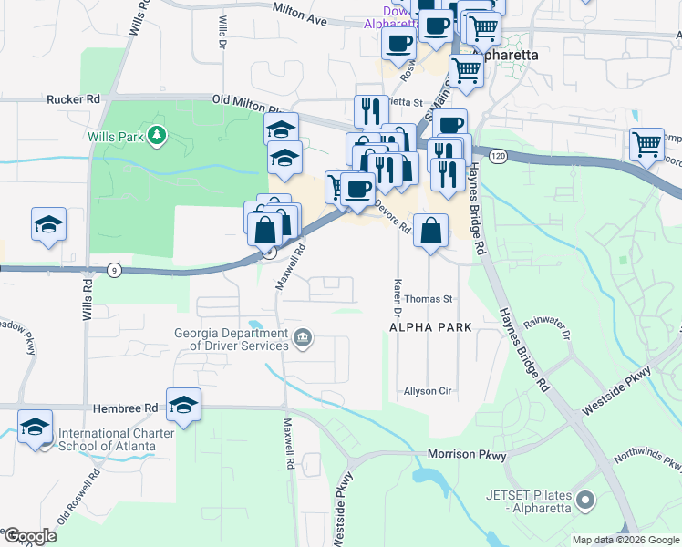 map of restaurants, bars, coffee shops, grocery stores, and more near 1645 Kilmington Court in Alpharetta