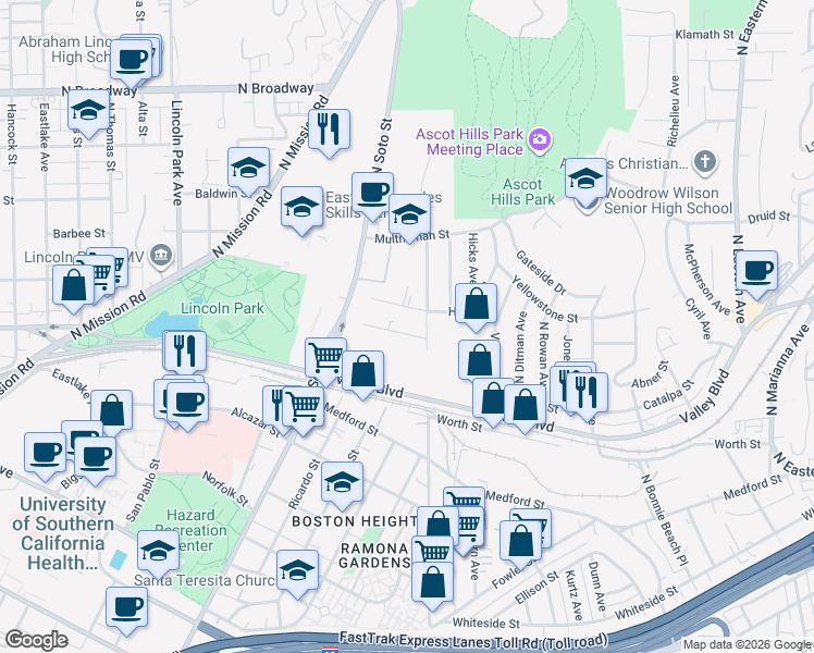 map of restaurants, bars, coffee shops, grocery stores, and more near 4200 Hatfield Place in Los Angeles