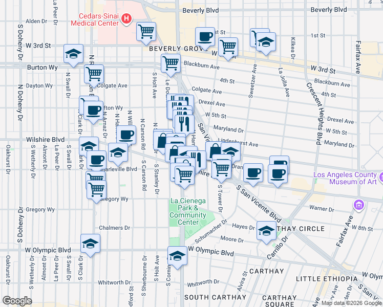 map of restaurants, bars, coffee shops, grocery stores, and more near 125 North Hamilton Drive in Beverly Hills