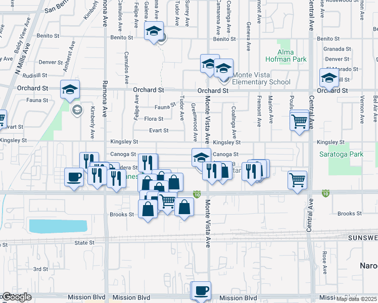 map of restaurants, bars, coffee shops, grocery stores, and more near 4830 Canoga Street in Montclair