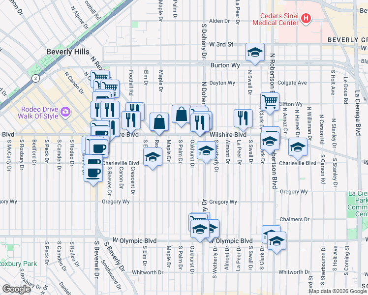 map of restaurants, bars, coffee shops, grocery stores, and more near 128 South Palm Drive in Beverly Hills