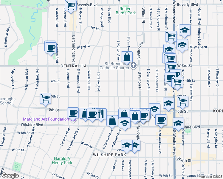map of restaurants, bars, coffee shops, grocery stores, and more near 434 South Irving Boulevard in Los Angeles