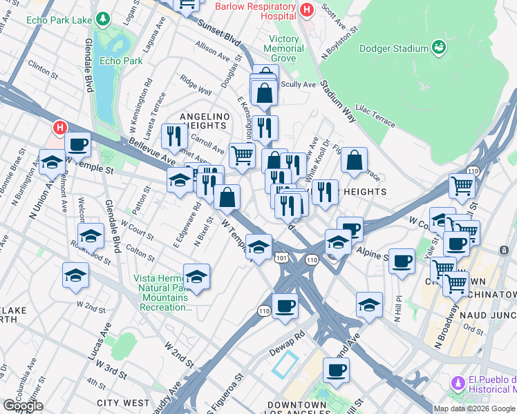 map of restaurants, bars, coffee shops, grocery stores, and more near 1175 Bellevue Avenue in Los Angeles
