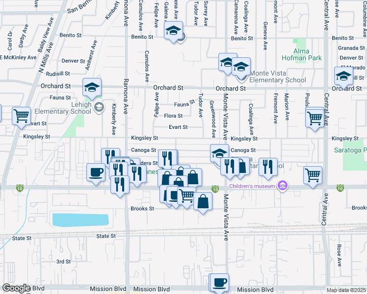 map of restaurants, bars, coffee shops, grocery stores, and more near 4722 Canoga Street in Montclair