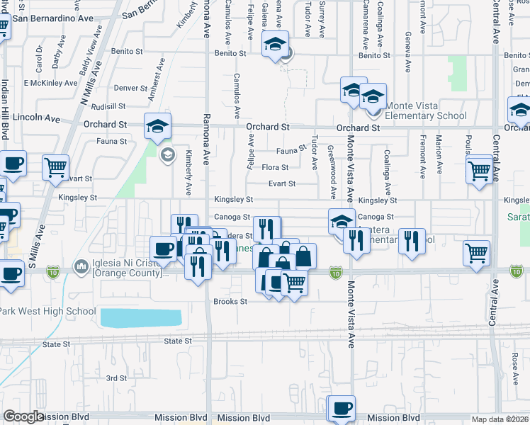 map of restaurants, bars, coffee shops, grocery stores, and more near 4662 Canoga Street in Montclair