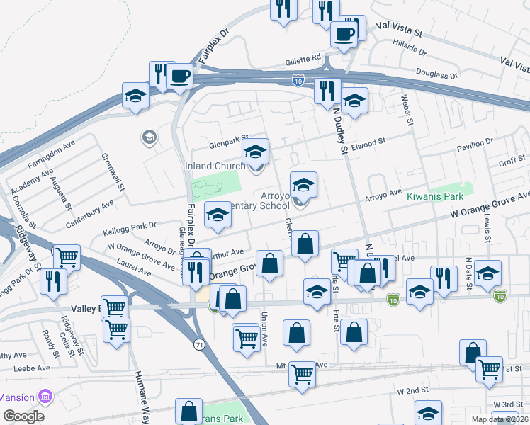 map of restaurants, bars, coffee shops, grocery stores, and more near 1734 Pavilion Drive in Pomona