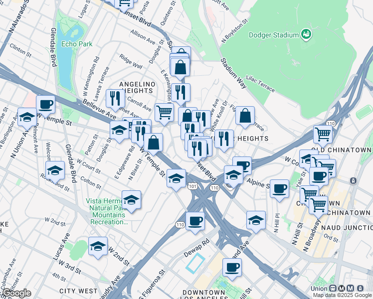 map of restaurants, bars, coffee shops, grocery stores, and more near 1131 Sunvue Place in Los Angeles