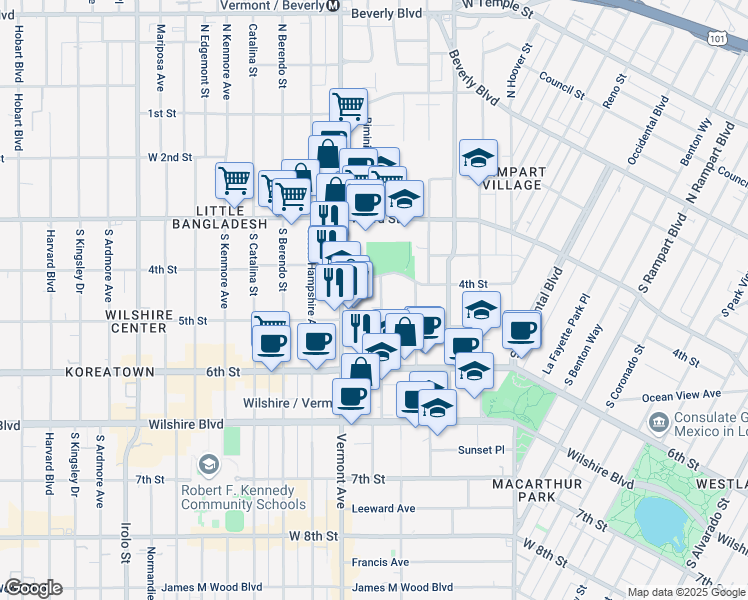 map of restaurants, bars, coffee shops, grocery stores, and more near 425 Shatto Place in Los Angeles